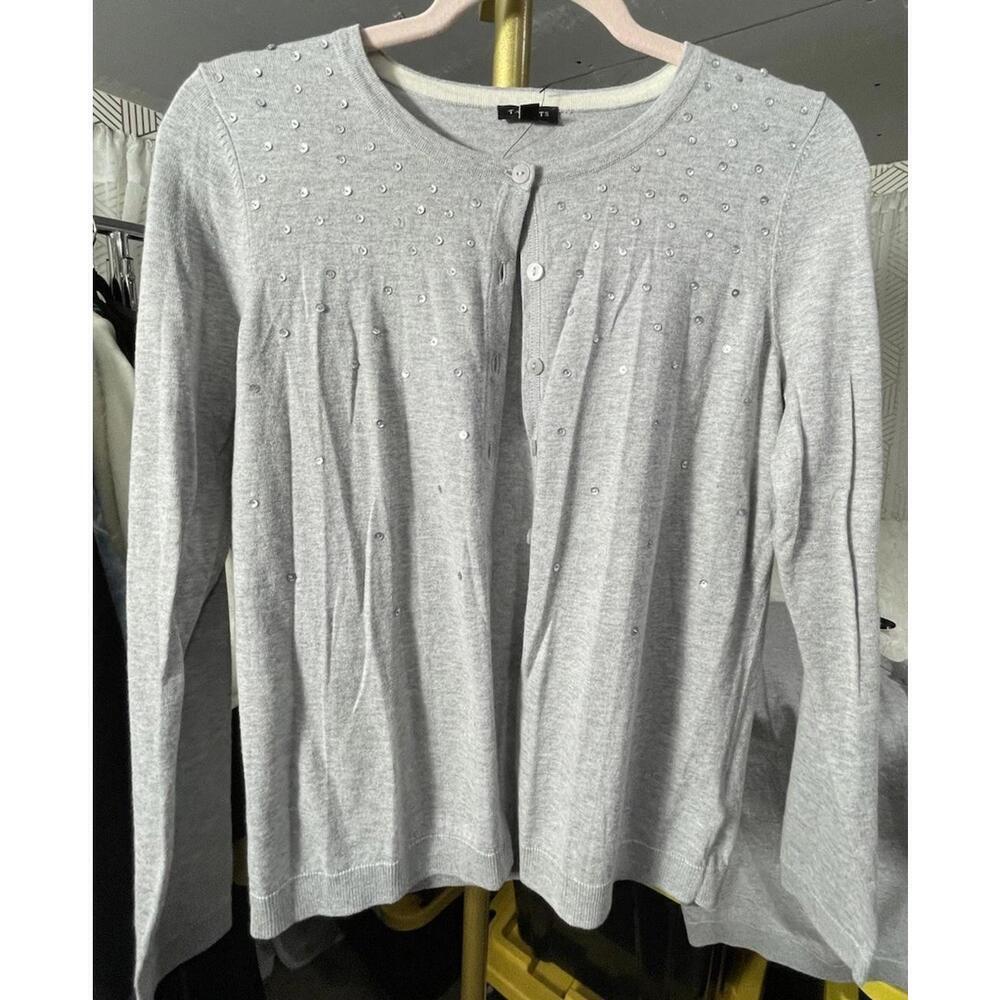 NWOT Talbots Women’s Gray Sequins Button Up Cardigan AND Tank Set Sz S Classy